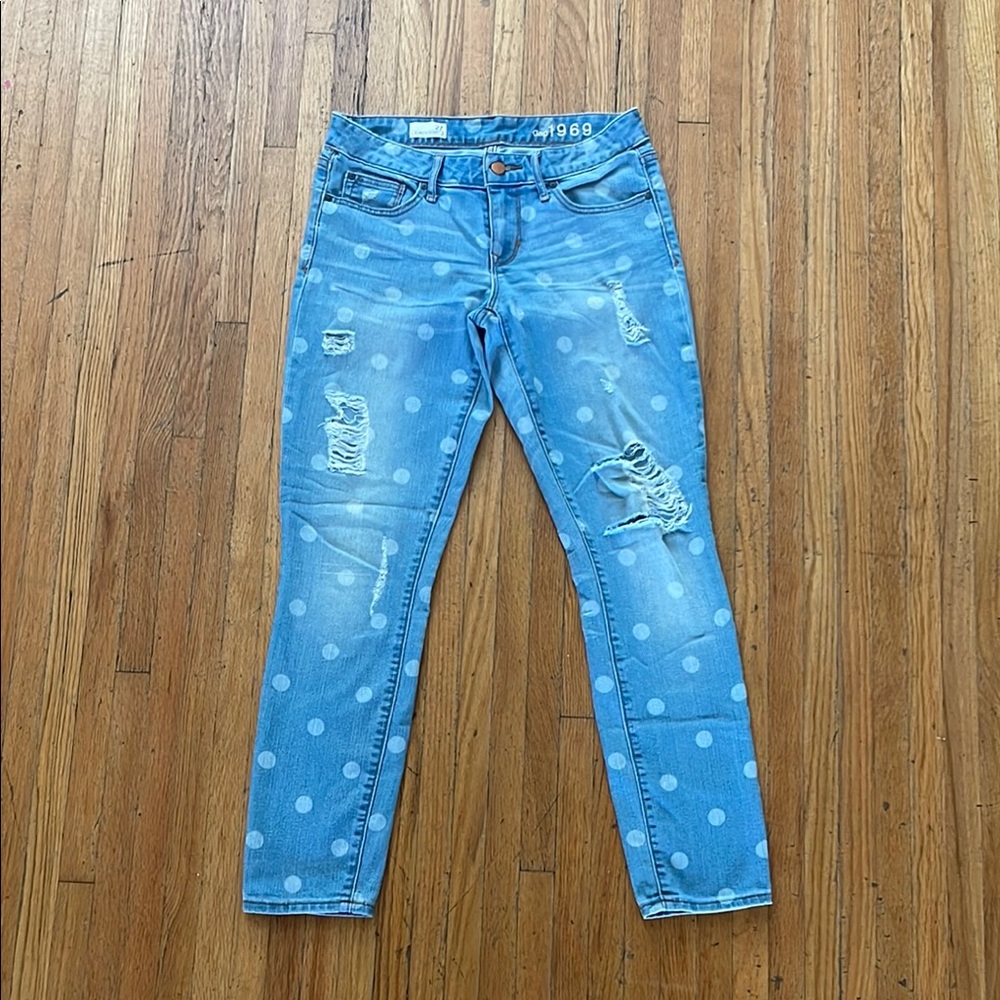 GAP Blue Skinny Jeans with Distressing and Polka Dot Pattern
